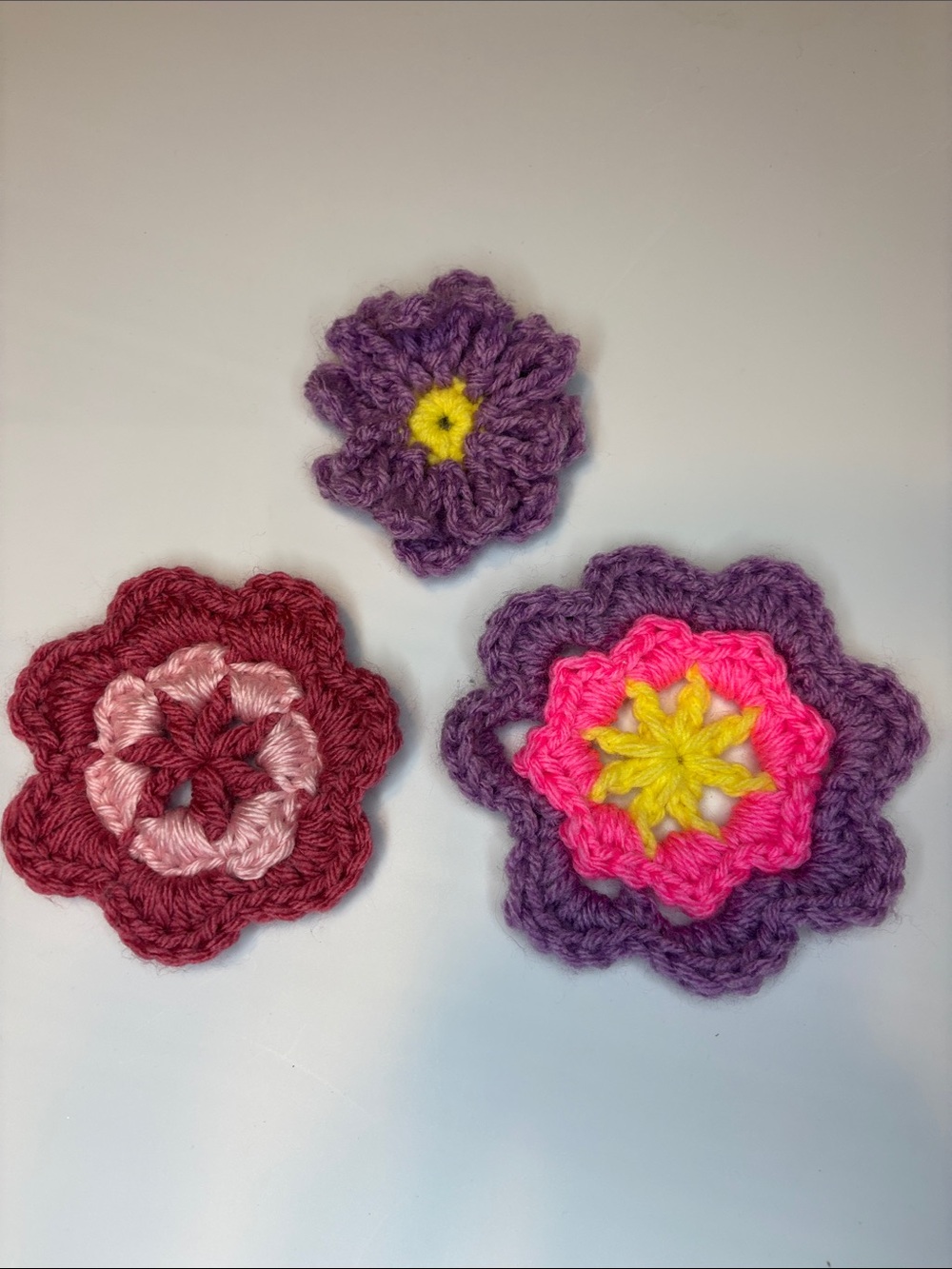 Handmade Crochet Flower Appliqués in Purple, Pink, Yellow